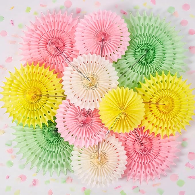 SUNBEAUTY 11Pcs Pastel Paper Fans Party Decorations for Wall, Yellow Pink Green Colorful Hanging Large Wall Fan Spring Summer for Birthday Party Bachelorette Anniversary Wedding Photo Booth Backdrop