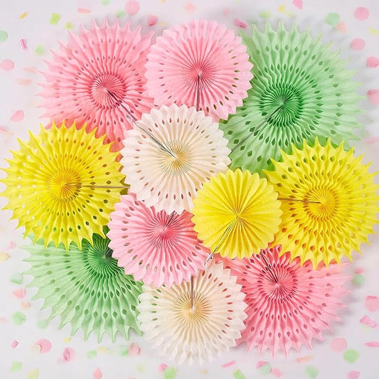 SUNBEAUTY 11Pcs Pastel Paper Fans Party Decorations for Wall, Yellow Pink Green Colorful Hanging Large Wall Fan Spring Summer for Birthday Party Bachelorette Anniversary Wedding Photo Booth Backdrop