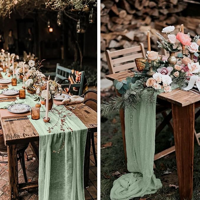 24 Pack Sage Green Table Runner, 10FT Cheesecloth Table Runner Long Romantic Semi Sheer Rustic Boho Gauze Table Runners for Wedding Bridal Shower Birthday Party Decorations(21.5×120 Inch)