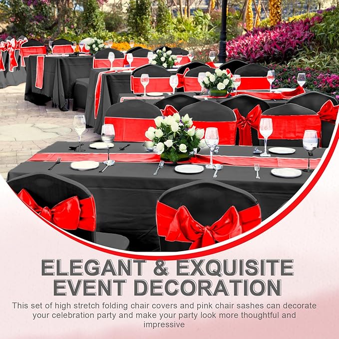 Lounsweer 50 Pcs Folding Chair Cover Set with 25 Stretch Spandex Slipcovers 25 Satin Chair Sashes Bows Ribbon Washable Banquet Protector for Wedding Event Party(Black, Red)