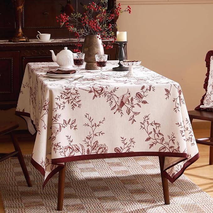 ISAENNE Designer French Linen Rectangular Tablecloth,102"x63"-Harmony | Vintage Elegant Table Cloth for Rectangle Table,Red Floral and Bird Pattern,Decor,Dining,Kitchen,Tea Party,Thanksgiving