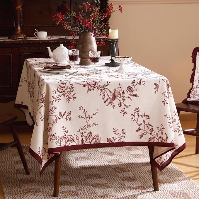 ISAENNE Designer French Linen Square Small Tablecloth,55"x55"-Harmony | Vintage Elegant Beautiful Decoration Table Cloth,Red Floral and Bird Pattern,Heavy,Dining,Tea Party,Kitchen,Thanksgiving
