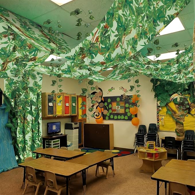 13 Pcs Rainforest Theme Ceiling Decor for 2026 Vbs 12x2 ft Palm Printed Fluorescent Light Cover 10 Artificial Vine Greenery Leaves for Classroom Hawaiian Jungle Luau Wedding Birthday Party Decorations