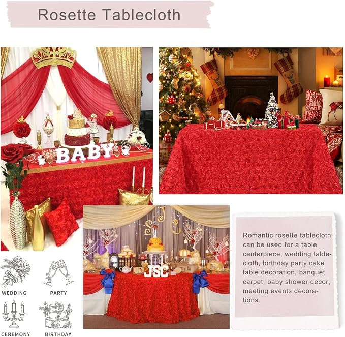 Red Rosette Tablecloth Rectangle Elegant Table Cover 90x132Inches Rosette Florals Satin Line for Wedding Party Table Decor