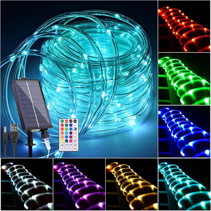 33FT Solar Rope Lights Outdoor Waterproof, 18 Colors Changing Trampoline Light Solar Powered & USB with Remote, Multicolor 100 LED Fairy String Lighting Outside for Christmas Halloween Decor
