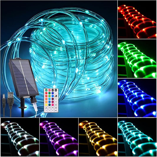 33FT Solar Rope Lights Outdoor Waterproof, 18 Colors Changing Trampoline Light Solar Powered & USB with Remote, Multicolor 100 LED Fairy String Lighting Outside for Christmas Halloween Decor
