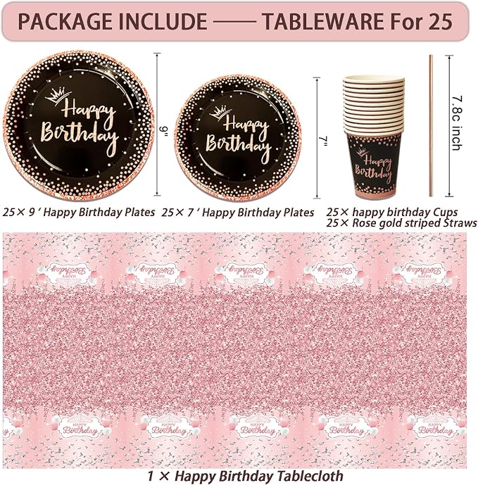 UJoyant Birthday Decorations For Women, 229 Pcs Rose Gold and Black Happy Birthday Supplies - Disposable Dinnerware Set with 25 Guest, Balloons, Sash, Tiara, Banner, Fringe Curtain, Photo Booth Props