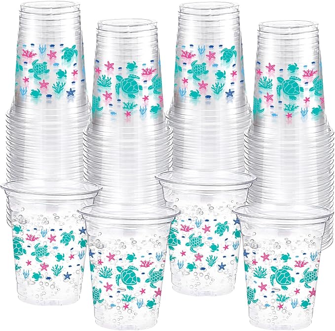 Funnymoom 60 Pack Sea Turtle Plastic Cups 12 oz Ocean Turtle Disposable Clear Plastic Drinking Cups for Marine Animals Ocean Seashell Summer Birthday Themed Party Decorations Supplies
