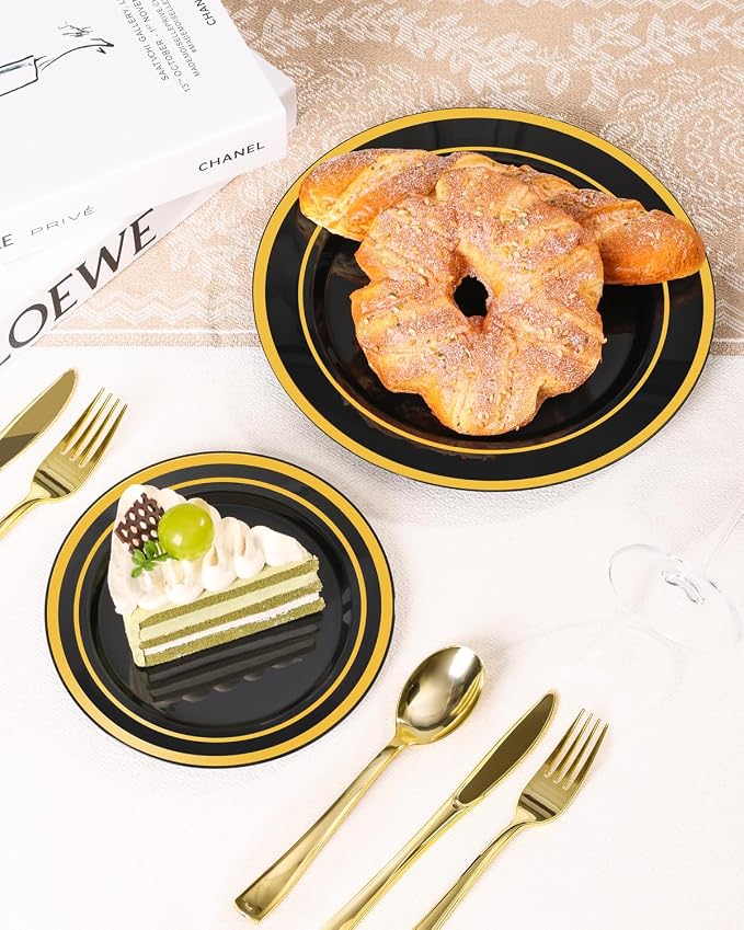 BESTSTAR 100PCS Black Plastic Plates Set with Gold Rim, 50 10.25 inch Dinner Plates and 50 7.5 inch Dessert Plates, Premium Disposable Plates forfor Party, Wedding, Holiday