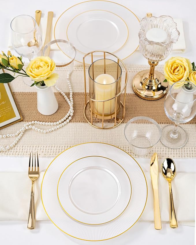 Hioasis 60pcs White and Gold Plastic Plates - White Disposable Dinnerware Set, 30pcs Dinner 10in & 30pcs Dessert 7in Plates with Striped Designs for Party & Wedding