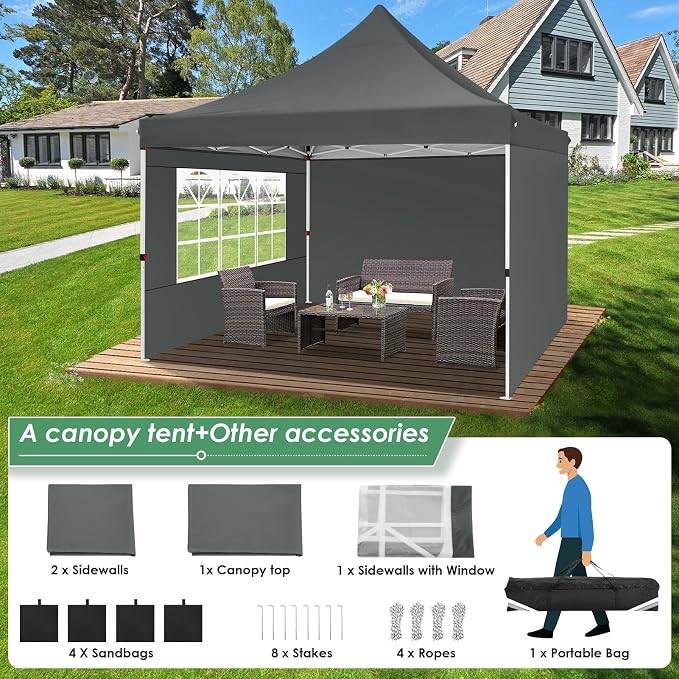 COBIZI 10x10 Pop Up Canopy Tent with 3 Sidewalls, Commercial Party Tent Ez Waterproof Outdoor Instant Gazebo UV 50+ Event Shelter, Garden Tents for Parties Camping with Sandbags, Grey