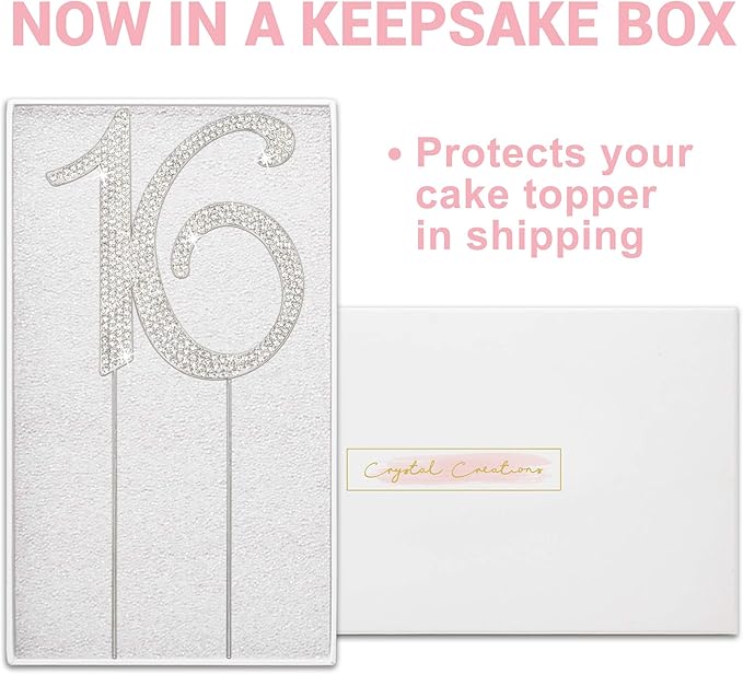 16 Cake Topper - Premium Silver Metal - Sweet 16 Birthday Party Sparkly Rhinestone Decoration Makes a Great Centerpiece - Now Protected in a Box