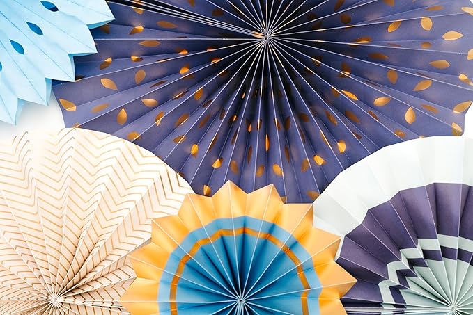 PapaKit 8-Piece Origami Paper Fan Decorations - Starry Midnight Blue & Metallic Gold Hanging Pinwheels – Reusable Wall Backdrop for Birthday, Baby Shower, Graduation, and New Year's Eve Parties