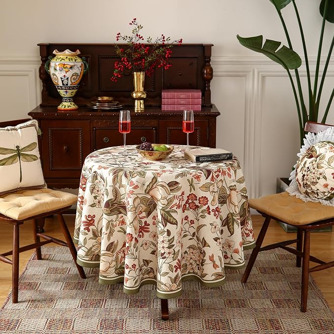 ISAENNE Designer Vintage Round Linen Tablecloth,Diameter 55"-Grace A | French Elegant Beautiful Durable Printed Table Cloth,Floral Pattern,Decoration,Heavyweight,Dining,Kitchen,Thanksgiving