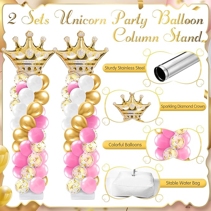 Kasyat 2 Sets Princess Party Balloon Column Stand Kit with 2 Crown Foil Balloons 100 Latex Balloons, Adjustable Stands Pink and Gold Balloon Stand Kit for Baby Shower Birthday Party Supplies
