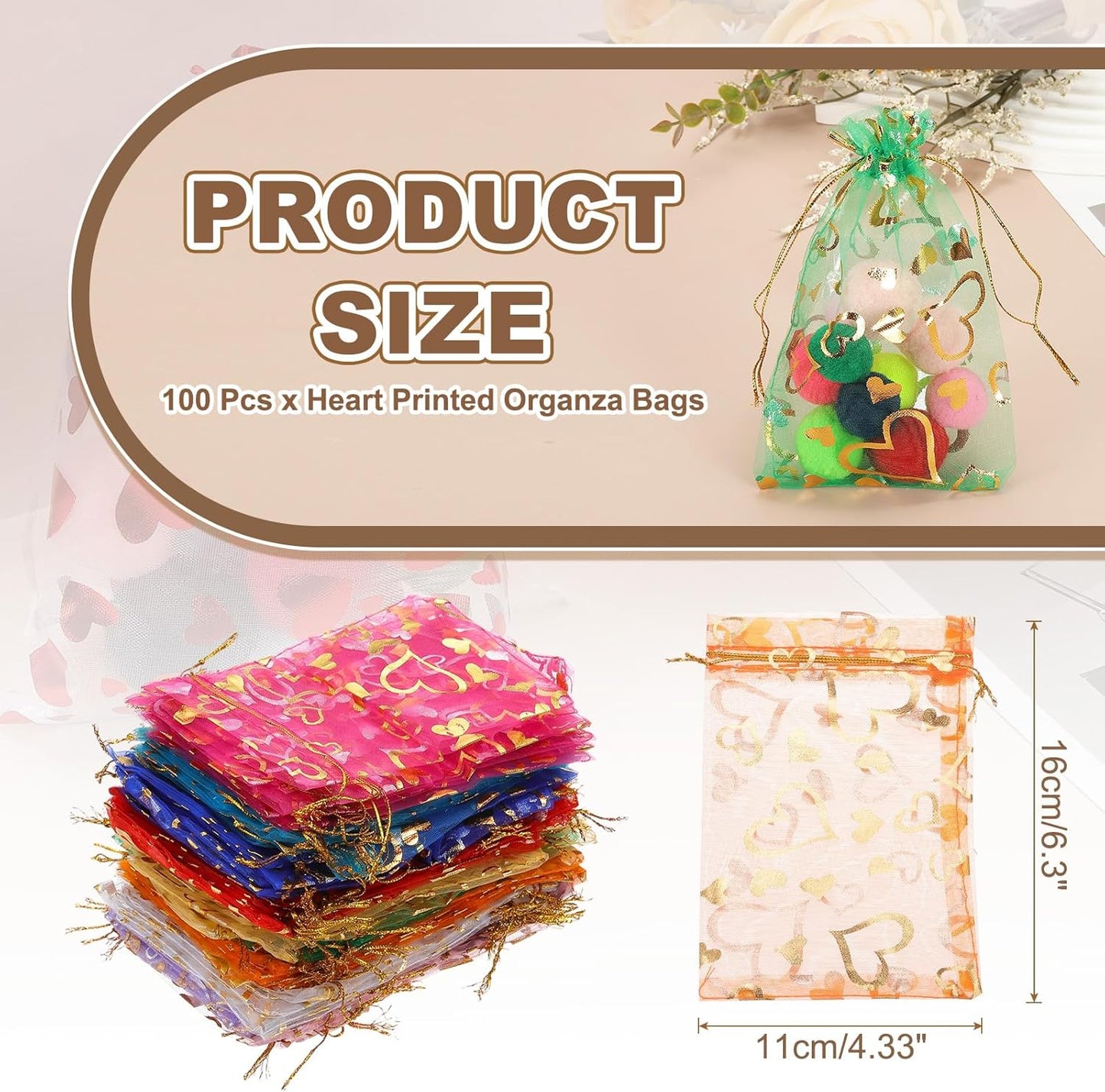 PATIKIL 100 Pcs 4x6 Inch Heart Printed Organza Bags, 10 Color Sheer Heart Organza Bags with Drawstring for Christmas Candy Jewelry Party Wedding Favor Gift