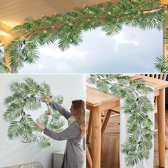 RECUTMS Artificial Palm Leaves Garland Ivy 6FT with 150LED Fairy Lights Battery Operated Faux Tropical Monstera Leaf Greenery Twig Vine Indoor Outdoor Home Spring Fireplace Mantle Table Decoration