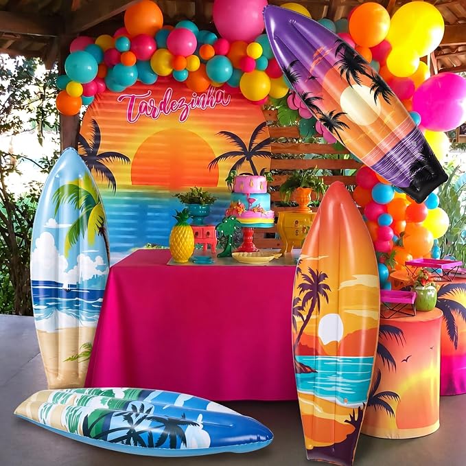 JellyArch 4 Pcs Summer Inflatable Surf Board 36 Inch Inflatable Luau Hawaiian Pool Party Decorations Beach Sunset Blow up Palm Tree Tropical Surfboard for Wall Beach Party Birthday Decoration