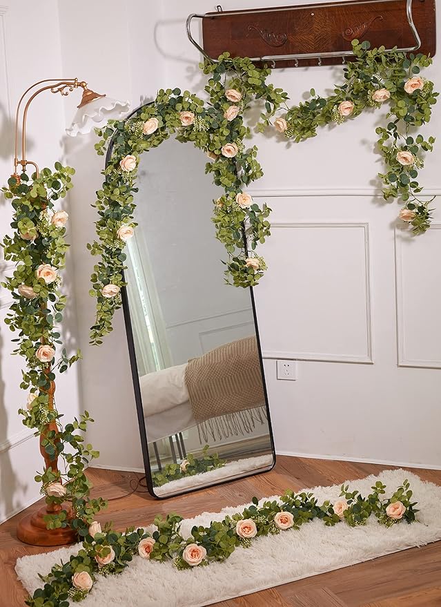 PARTY JOY 6.56ft Eucalyptus Garland with Flowers-8 Pink Roses-Lush,Natural Looking, Floral Garland Greenery for Party Wedding Table Indoor Outdoor Backdrop Wall Decor（Pink,1）