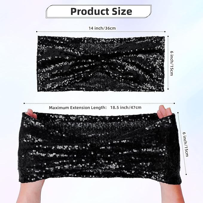 Poise3EHome Black Sequin Chair Sashes,Folding Chair Cover Bands for Wedding Party Ceremony Banquet Decorations, 20 PCS