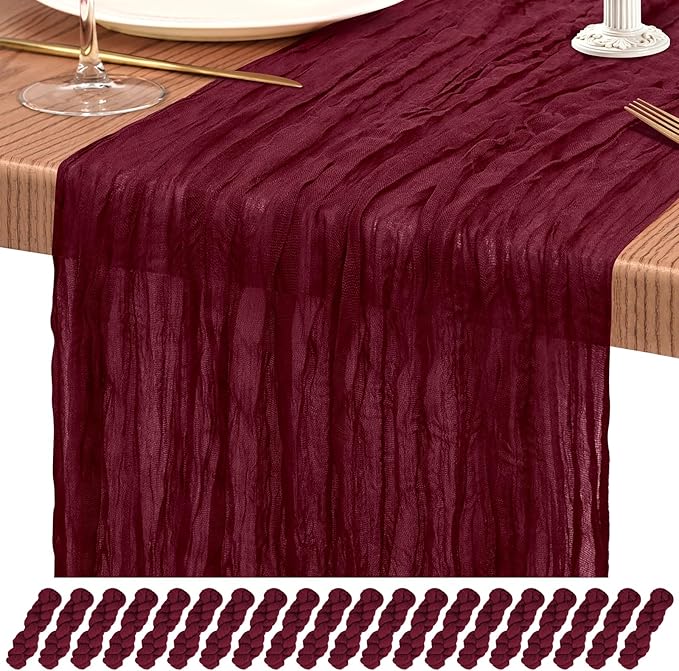 20 Pack Burgundy Red Cheesecloth Table Runner 10FT Boho Gauze Cheese Cloth Table Runners Romantic Rustic Sheer Table Decorations for Wedding Party Baby Shower Birthday Holiday Home