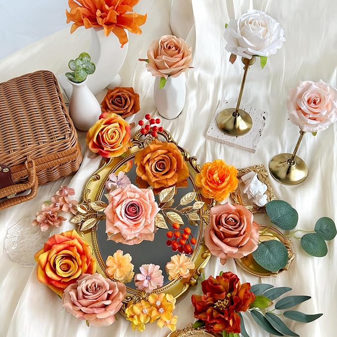 Artificial Flowers Combo Box Silk Burnt Orange Roses with Stems Sunset Terracotta DIY Bridal Wedding Bouquets Fall Boho Cake Fake Floral Arrangements Baby Shower Party Table Centerpieces Home Decor