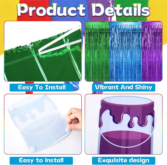 6 Set Art Paint Party Decoration Back to School Paint Cans with Rainbow Foil Fringe Curtains Art Theme DIY Colorful Splatter Backdrop Decoration for Birthday Classroom School Art Party Supplies