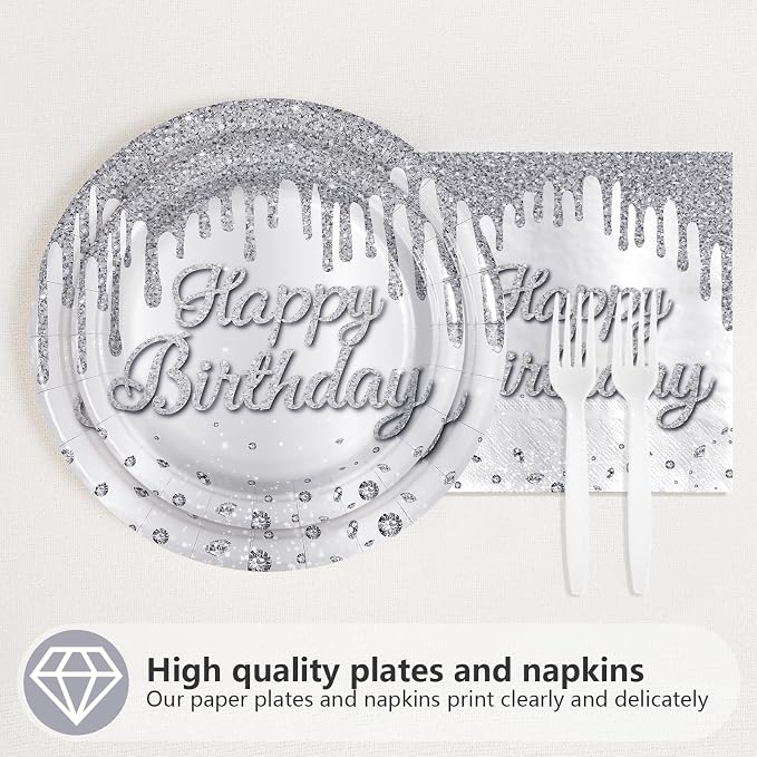 96 Pcs Silver Glitter Party Supplies Silver Plates and Napkins Glitter Diamonds Theme Birthday Decorations for Denim and Diamonds Wedding Silvers Birthday Party Decorations Serves 24