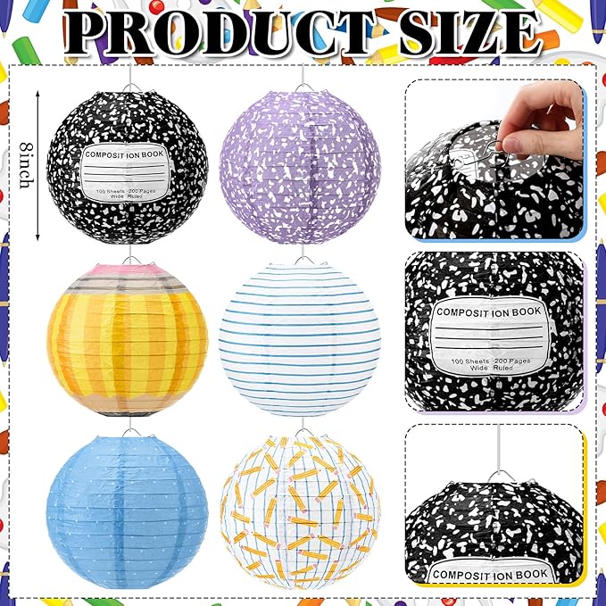 Retisee 12 Pcs Back to School Paper Lanterns Classroom Decorations Composition Notebook Pencil Hanging Lanterns 8 Inch Ceiling Decor for First Day of School Teacher Classroom Birthday Party Supplies