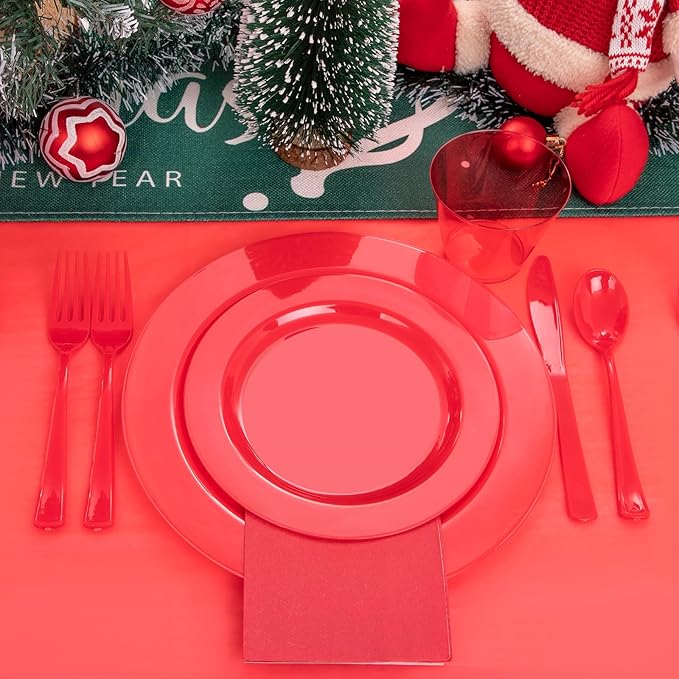 Gather 176 Pieces Red Plastic Plates- Red Heavy Duty Disposable Plates Dinnerware 50Plates, 75 Plastic Silverware, 25 Napkins, 25 Cups Bonus 1 Red Plastic Tablecloth for Party& Wedding &Mother's Day