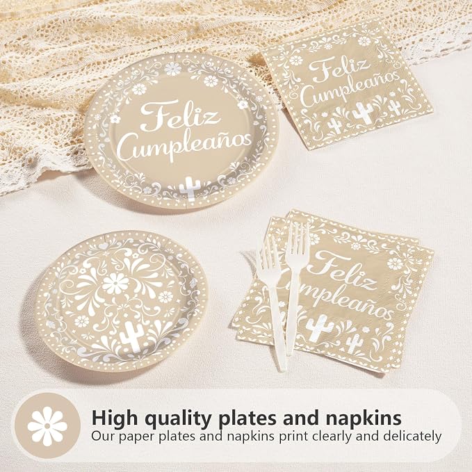 96Pcs Feliz Cumpleaños Party Supplies Floral Mexican Fiesta Happy Birthday Plates and Napkins Mexico Clay White Flowers Cactus Cino De Mayo Tableware Set for Birthday Party Decorations Serves 24