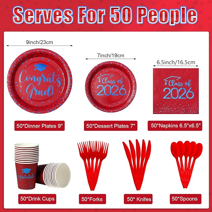 350pcs Class of 2026 Graduation Plates and Napkins Set, Disposable Paper Plate Set Polka Dots Plates Napkins Cups Knife Fork Spoon for Graduation Party Decorations and Supplies,Serve 50 (Red Blue）