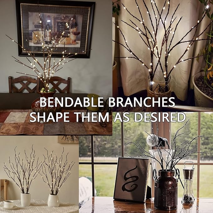 Fudios Lighted Branches with Timer 70 LED Fairy Lights 18in Battery Operated, Willow Branches with Lights for Vase Christmas Holiday Home Decor
