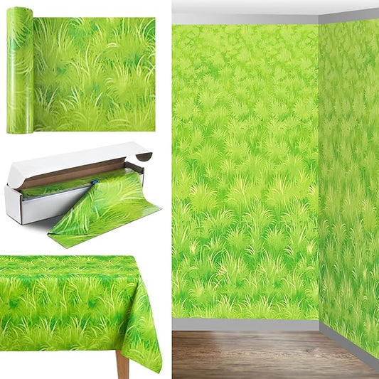 Oudain 54 Inch x 100 ft Meadow Grass Backdrop Tablecloth Roll Green Grass Wall Backdrop with Cutter Box Summer Plastic Photography Background Wallpaper Birthday Party Decoration