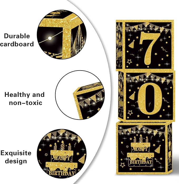 Gold 70th birthday decorations Kit for Men,3pcs birthday Decorations for Men boys black and gold Balloon Boxes Birthday Party Favors