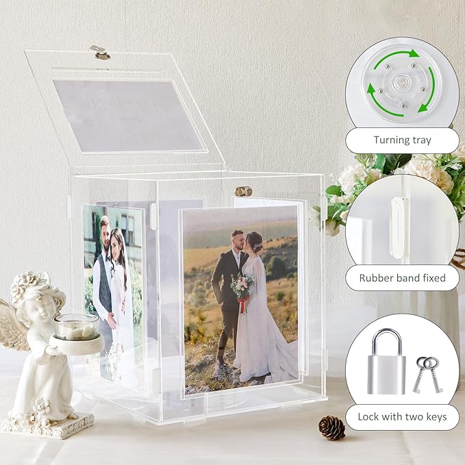 Acrylic Wedding Card Box with Picture Frame, Clear Gift Card Box for Wedding Reception, Large Rotatable Money Envelope Card Box Holder with Lock for Graduation Party Birthday Baby Shower