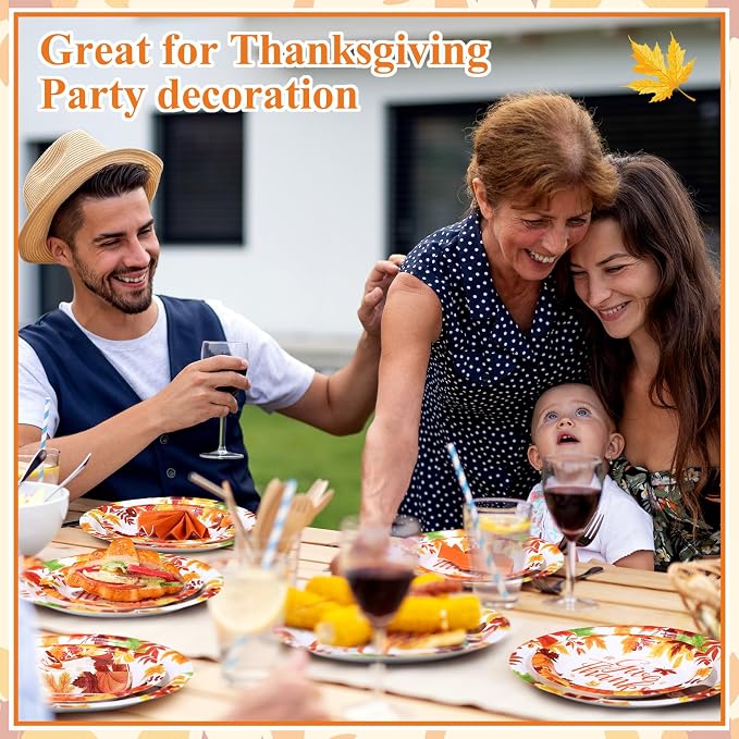 Funnymoom 200 Pcs Fall Thanksgiving Tableware Give Thanks Hello Fall Pumpkins Disposable Paper Dinner Dessert Plates Maple Leaves Napkins for Autumn Harvest Decor Birthday Holiday Party 50 Guests