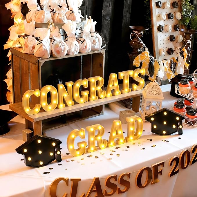 Honoson 14 Pcs Congrats Grad Decorations Lights up Sign with 2 Cap Lights Graduation Party Decorations for Kindergarten High School College Grad Senior Night Celebrations