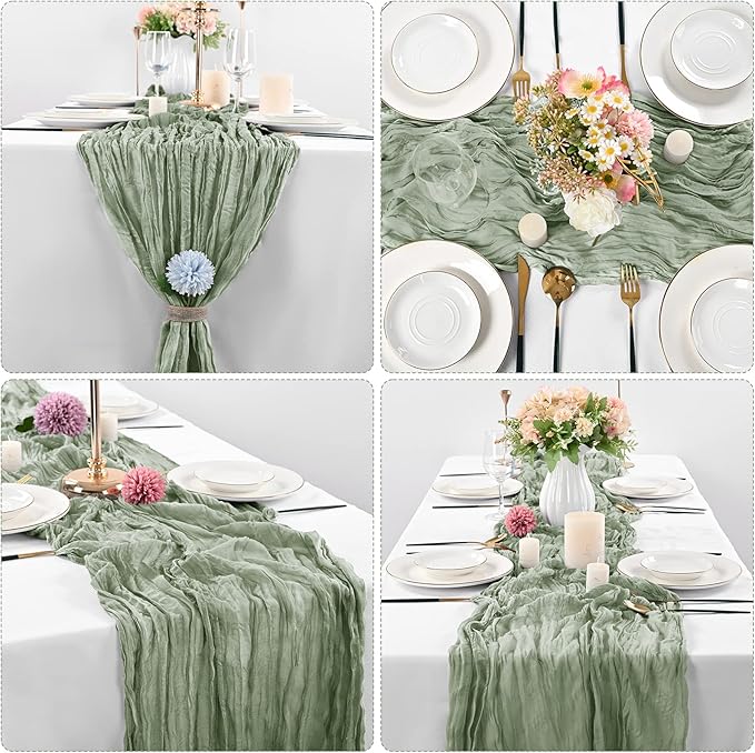 10 Pcs Sage Green Cheesecloth Table Runner 10FT, Gauze Table Runner for Wedding Reception Sheer Bridal Shower Birthday Party Boho Table Decoration, Rustic Romantic Wedding Runner