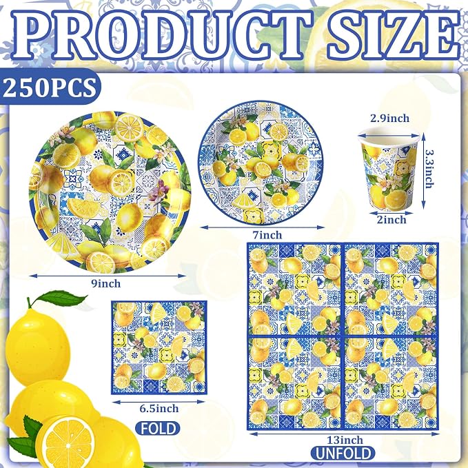 Hsei 250 Pcs Capri Lemon Plates and Napkins Party Decorations Disposable Tableware Sets Festival Birthday Party Supplies Serves 50 Guests Dinnerware Bridal Shower Party Favors