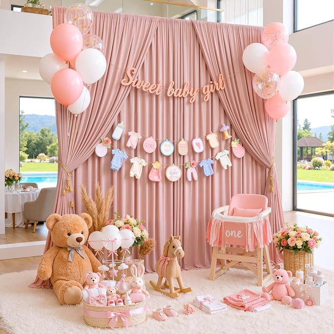 20ftx10ft Wrinkle Free Dusty Pink Backdrop Curtains for Parties, Silky Polyester Photo Backdrop Drapes 4 Panels 5x10ft Back Drop Cloth for Wedding Birthday Baby Shower Photography Background