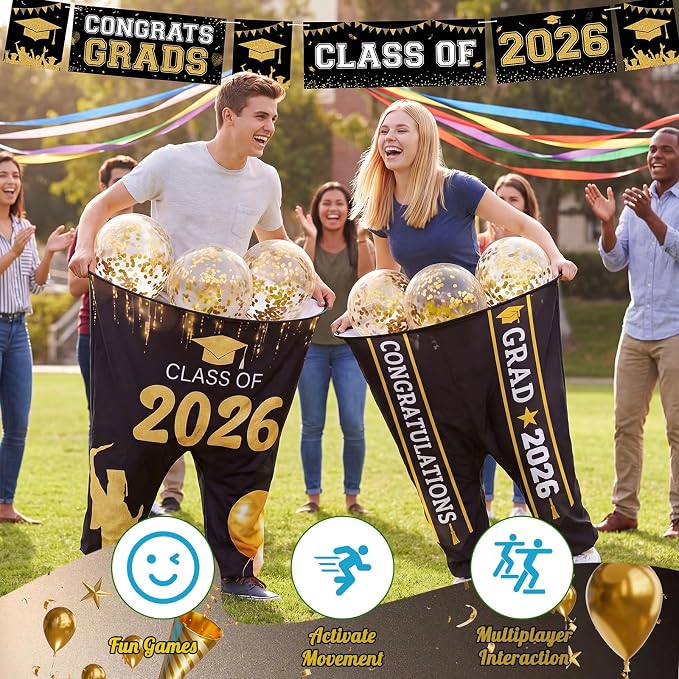 Graduation Party Games, 21 Pcs Granny Pants Outdoor Game Set, Giant Graduation Pants with Pump, Bouncy Balls & Novelty Glasses, Toss Game for High School College Class of 2026 Party
