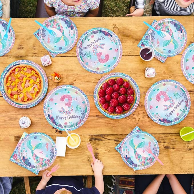 96Pcs Mermaid 3rd Birthday Party Decorations Mermaid 3rd Plates and Napkins Sets Under the Sea Theme 3 Years Old Decorations for Girls Boys Ocean Birthday Party Supplies Serves 24