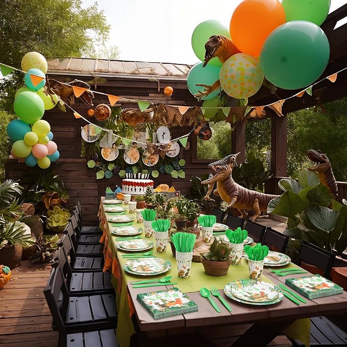 Ziliny 280 Pcs Dinosaur Tableware Set Disposable Dinosaur Paper Plates and Napkins Paper Cups Green Plastic Knives Forks Spoons for Baby Shower Wedding Birthday Party Supplies, Serve 40