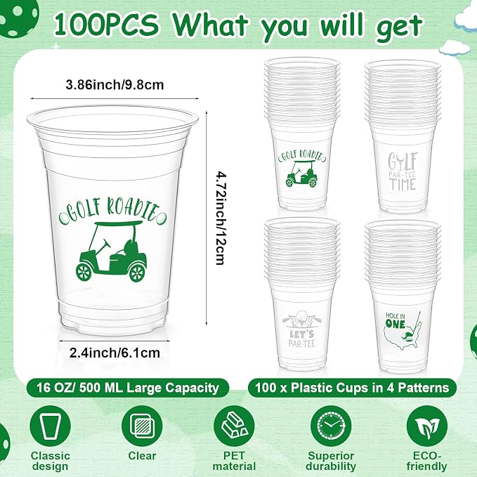 Geyoga 100 Pcs Golf Ball Cups 16 oz Golf Plastic Disposable Cups Bulk Let's Par-tee Clear Drinking Tumbler for Sport Birthday Bachelor Party Decoration Favors