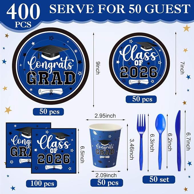 Funnymoom 400 Pcs Graduation Party Supplies Class of 2026 Graduation Paper Plate Napkin Cup Cutlery Congrats Grad Disposable Tableware Set for Grad Party Decorations, Serve 50 (Blue, White)