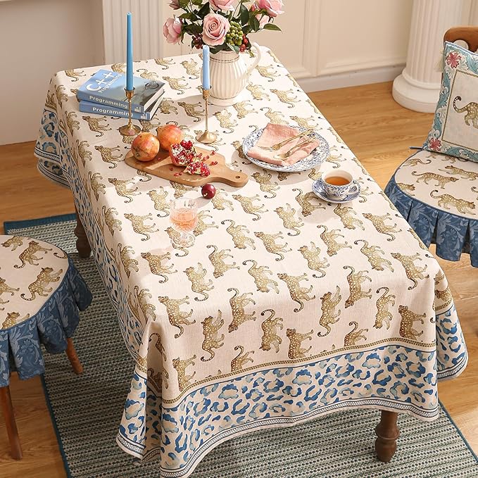 patdrea Vintage Leopard Print Linen Tablecloth,Rectangular,87"x55"-from | Fench Elegant Table Cloth for Rectangle Table,Animal Patterned,Dining Room Kitchen Tea Party Decoration,Durable