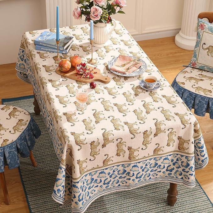 patdrea Vintage Leopard Print Linen Tablecloth,Rectangular,79"x55"-from | Fench Elegant Table Cloth for Rectangle Table,Animal Patterned,Dining Room Kitchen Tea Party Decoration,Durable