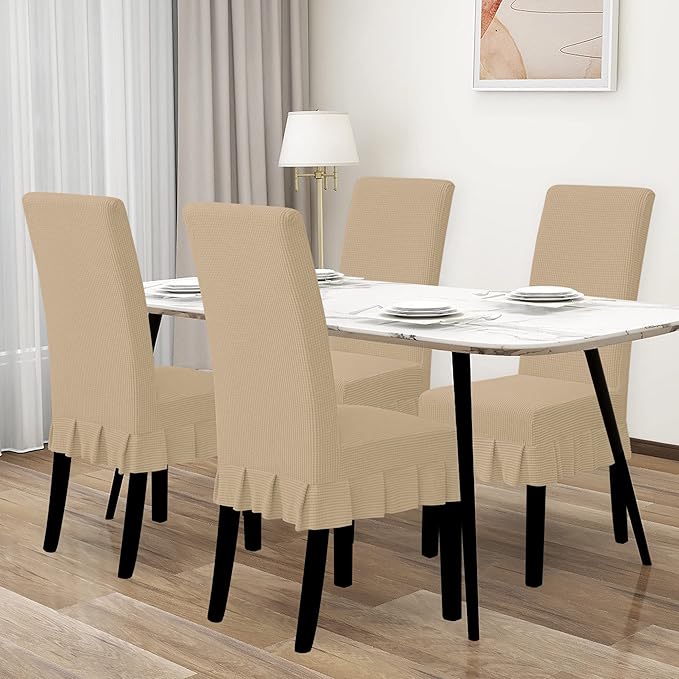 Easy-Going Dining Chair Covers Stretch Parsons Chair Slipcover with Skirt Chair Covers for Dining Room Restaurant Banquet (4 PCS, Sand)