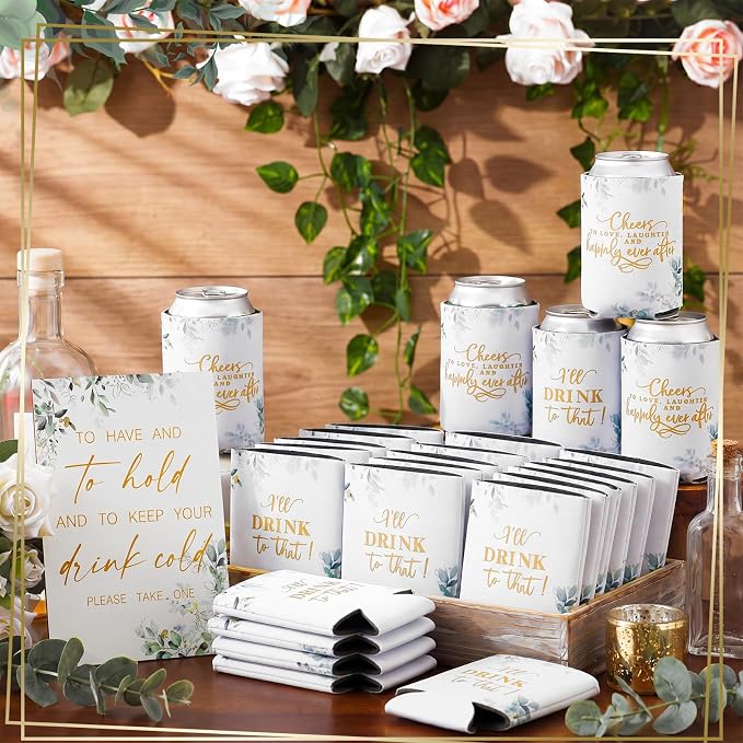 SiliFine 101 Pcs Eucalyptus Leaves Wedding Can Cooler Bulk Engagement Party Favors for 100 Guests Cheers to Love Laughter, and I'll Drink Can Cooler with Wooden Wedding Table Sign Bridal Shower Favor